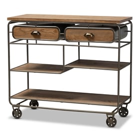 Baxton Studio Grant Oak Brown Wood Black Metal 2 Drawer Kitchen Cart