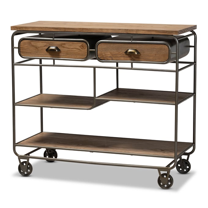 Baxton Studio Grant Oak Brown Wood Black Metal 2 Drawer Kitchen Cart BAX-JY20A069-OAK-CART