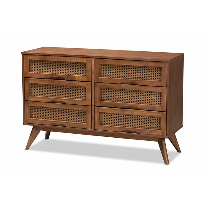 Baxton Studio Barrett Walnut Brown 6 Drawer Dresser BAX-MG9001-RATTAN-6DW-DRESSER