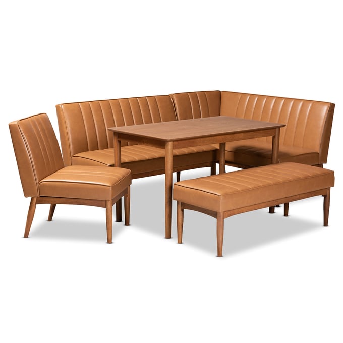 Baxton Studio Daymond Tan Walnut Brown Wood 5pc Dining Nook Set BAX-BBT8051-12-TNWL-5PCNKSET