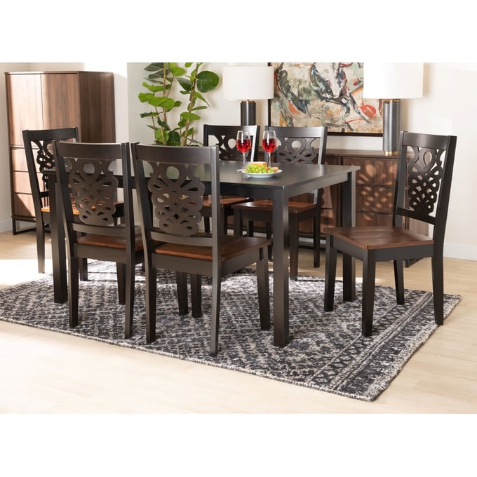Baxton Studio Mozaika Wood & Leather Contemporary 7-Piece Dining Set -  PCH305SQ (S3)/PCH 6339-DC(6)