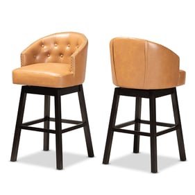 2 Baxton Studio Theron Tan Faux Leather Dark Brown Wood Swivel Bar Stools