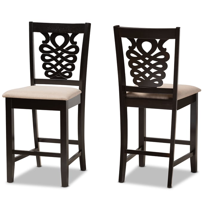 2 Baxton Studio Gervais Sand Fabric Dark Brown Wood Counter Height Stools BAX-RH339P-SAND-DBR-PC