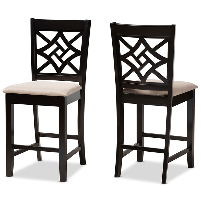 2 Baxton Studio Nicolette Sand Fabric Counter Height Stools BAX-RH340P-SAND-DARK-BROWN-PC