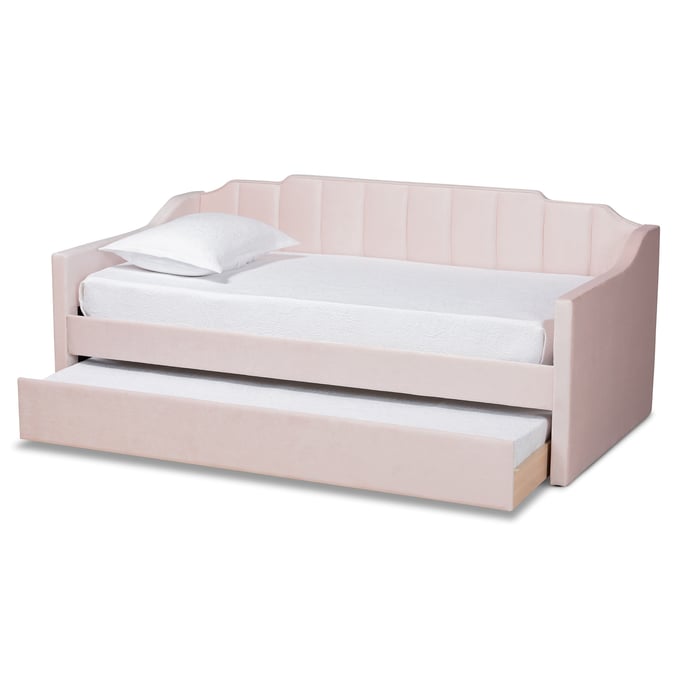 Baxton Studio Lennon Pink Velvet Fabric Twin Trundle Daybed The