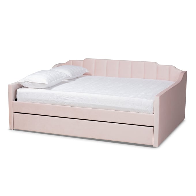 Baxton Studio Lennon Pink Velvet Fabric Full Trundle Daybed The