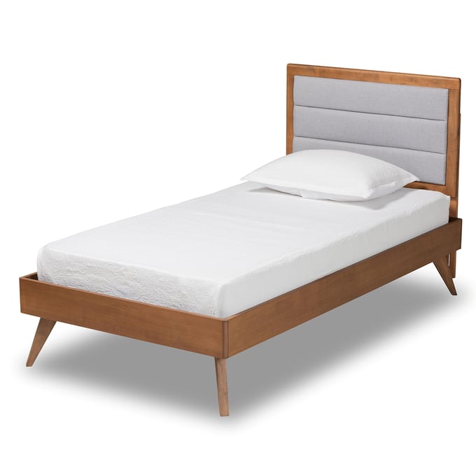 Baxton Studio Linn Light Grey Fabric Walnut Brown Wood Twin Platform Bed BAX-LINN-LGR-WAL-TWIN