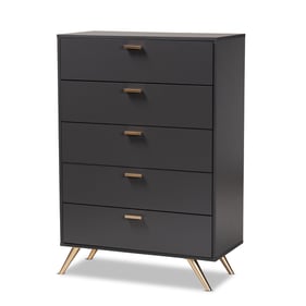 Baxton Studio Kelson Dark Grey Wood Gold 5 Drawers Chest