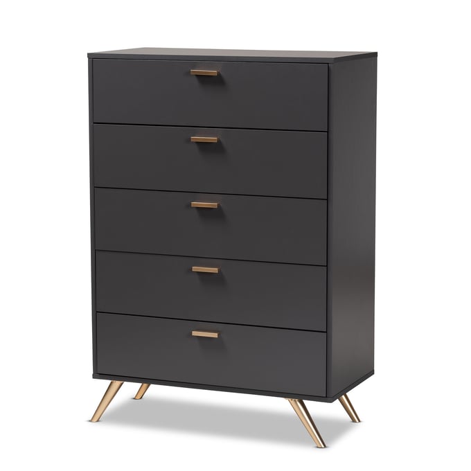 Baxton Studio Kelson Dark Grey Wood Gold 5 Drawers Chest BAX-LV19COD1923-GRY-5DW-CHEST