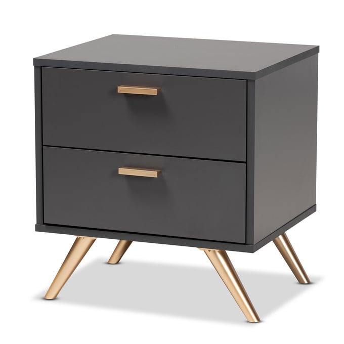 Baxton Studio Kelson Dark Grey Wood Gold 2 Drawers Night Stand BAX-LV19ST1924-DARK-GREY-NS