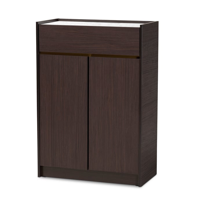 Baxton Studio Walker Dark Brown Gold Shoe Cabinet with Faux Marble Top BAX-LV25SC2515-M-WG-SHOE-CBNT