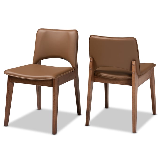 2 Baxton Studio Afton Brown Faux Leather Walnut Dining Chairs BAX-RDC827-BROWN-WALNUT-DC