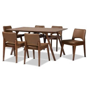 Baxton Studio Afton Brown Faux Leather Walnut 7pc Dining Set