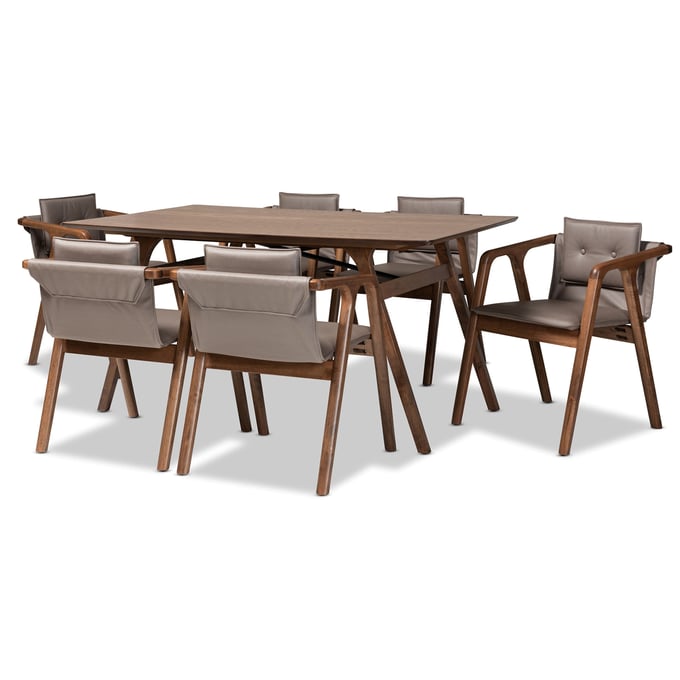 Baxton Studio Marcena Grey Leather Walnut Brown 7pc Dining Set BAX-RDC828-GRYWAL-7PC-DINSET