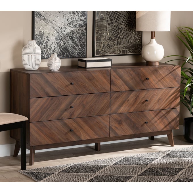 Baxton Studio Hartman Walnut Brown Wood 6 Drawer Dresser The