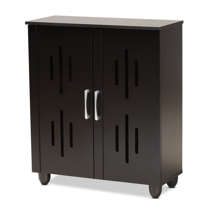 Baxton Studio Renley Black Wood Silver Two Doors Shoe Cabinet BAX-SESC260WI-BLK-SHOE-CABINET