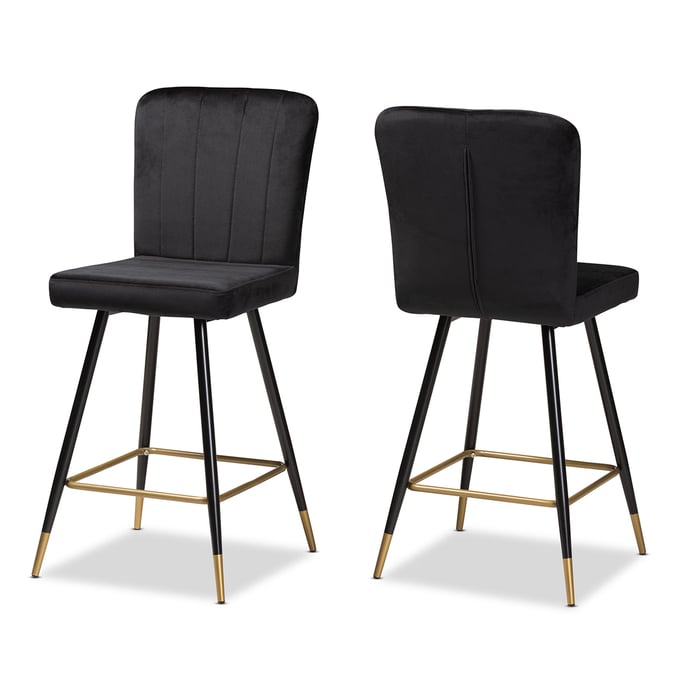 2 Baxton Studio Preston Black Velvet Gold Metal Bar Stools BAX-DC179-BLACK-VELVET-GOLD-BS