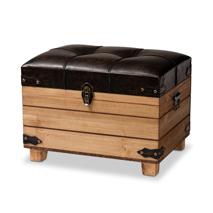 Baxton Studio Edmund Dark Brown Faux Leather Oak Wood Storage Ottoman BAX-JY20B056S-DBRW-SMALL-OTTO