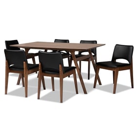 Baxton Studio Afton Black Faux Leather Walnut Brown 7pc Dining Set