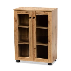 Baxton Studio Mason Black Oak Brown Wood Glass Doors Cabinet