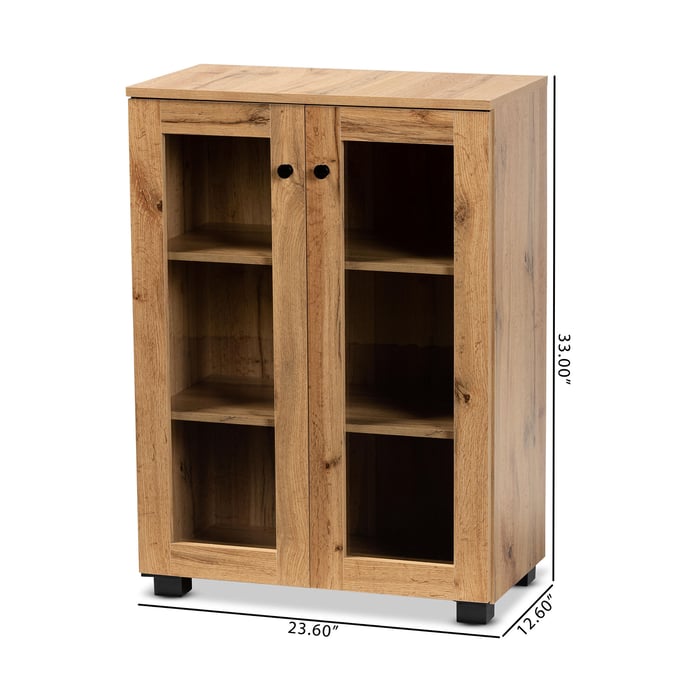 Baxton Studio Mason Black Oak Brown Wood Glass Doors Cabinet The