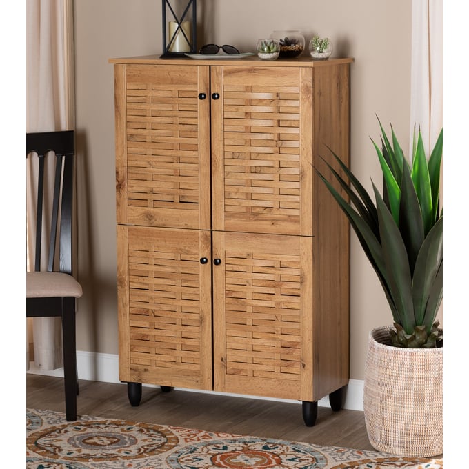 Designer Studios Shirley Modern and Contemporary Walnut Medium Brown Wood  2-Door Shoe Cabinet with Open Shelves