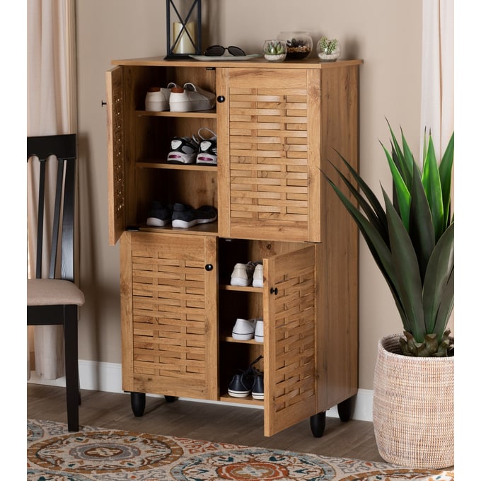 Designer Studios Shirley Modern and Contemporary Walnut Medium Brown Wood  2-Door Shoe Cabinet with Open Shelves
