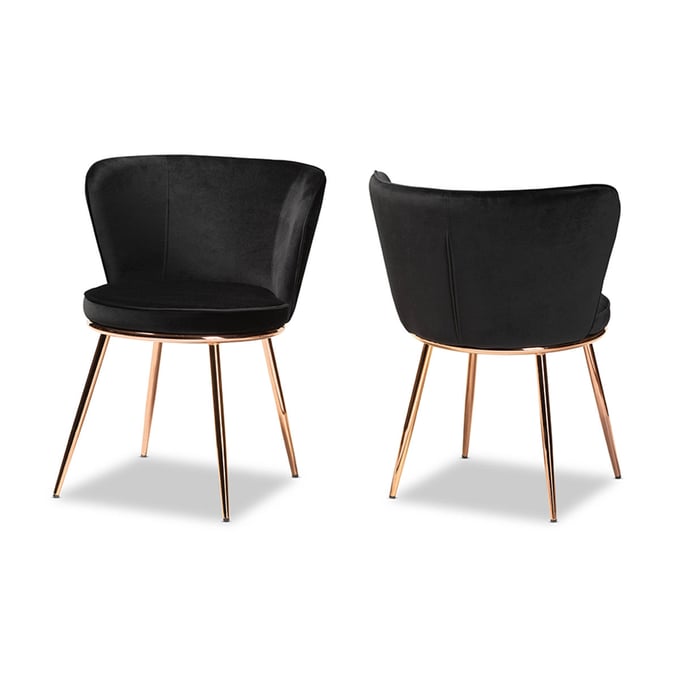 2 Baxton Studio Farah Black Velvet Rose Gold Metal Dining Chairs BAX-20A25-BLACK-ROSE-GOLD-DC