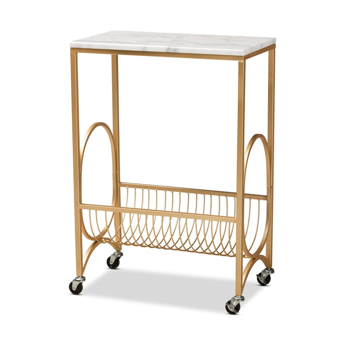 Baxton Studio Jacek White Marble Gold Metal Wine Cart BAX-H01-100358-MTL-MRB-CART