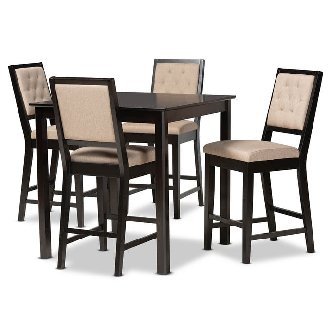 Baxton Studio Gideon Sand Fabric Dark Brown Wood 5pc Pub Set The