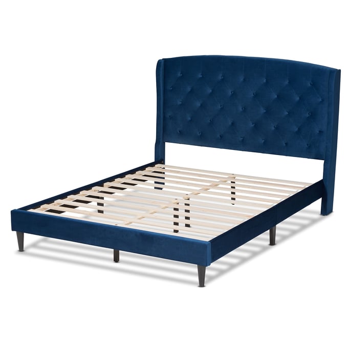 Baxton Studio Joanna Navy Blue Velvet Queen Platform Bed BAX-DV20812-NYBLUEVEL-QUEEN