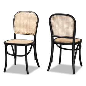 2 Baxton Studio Cambree Beige Woven Rattan Black Wood Cane Dining Chairs