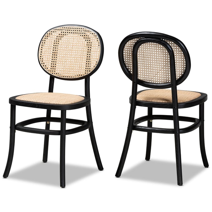 Set of 2 Louis Fabric Upholstered with Rattan and Wood Dining Chairs  Beige/Brown - Baxton Studio