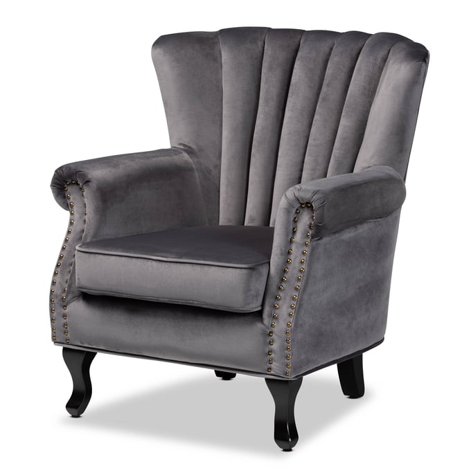 Baxton Studio Relena Grey Velvet Upholstered Armchair BAX-904-SHINY-VEL-GREY-CHAIR