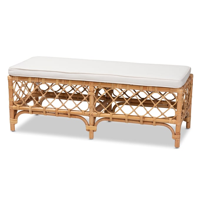 Baxton Studio Bali Pari Orchard White Fabric Bench BAX-ORCHARD-RATTAN-BENCH