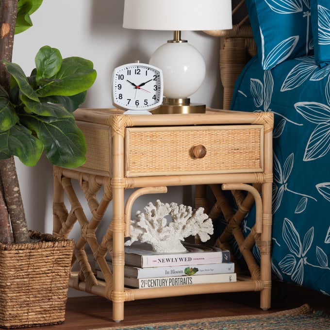 Baxton Studio Bali Pari Camara Natural Brown Rattan Nightstand