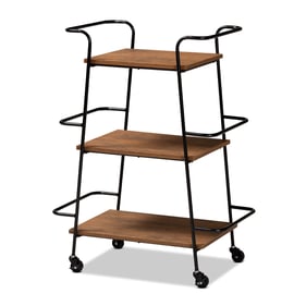 Baxton Studio Bernard Brown Wood Black Metal Small Mobile Wine Bar Cart