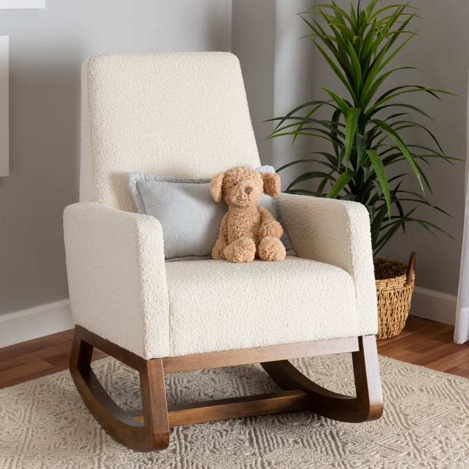 Baxton Studio Yashiya Walnut Brown Off White Boucle Rocking Chair