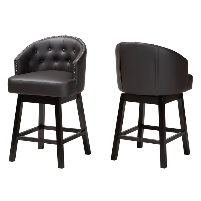 2 Baxton Studio Theron Dark Brown Faux Leather Swivel Counter Stools BAX-BBT5210C-BRWN-DRKBRWN-CS