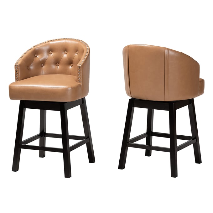 2 Baxton Studio Theron Tan Faux Leather Swivel Counter Stools BAX-BBT5210C-TAN-DRKBRWN-CS