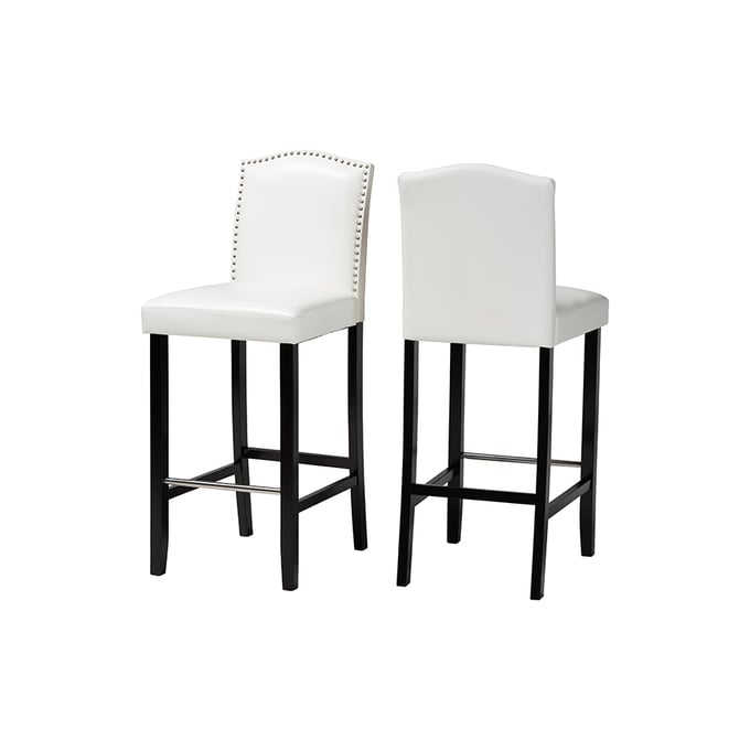 2 Baxton Studio Libra White Faux Leather Nailhead Bar Stools BAX-BBT5111-BAR-STOOL-WHITE