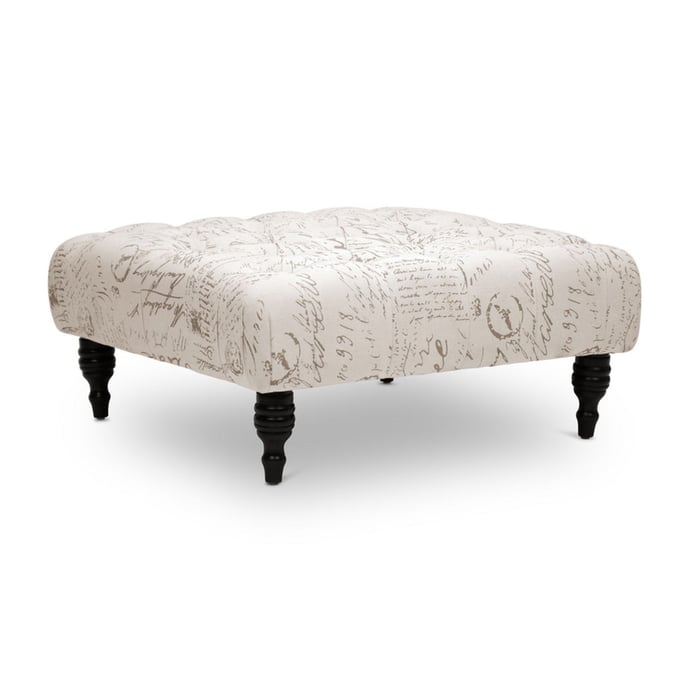 Baxton Studio Keswick Beige Fabric Script Print Tufted Ottoman BAX-502-FRENCH-OTTO