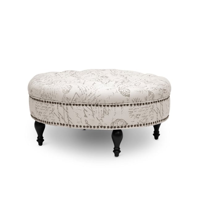 Baxton Studio Palfrey Beige Fabric French Script Print Tufted Ottoman BAX-531-FRENCH-OTTO