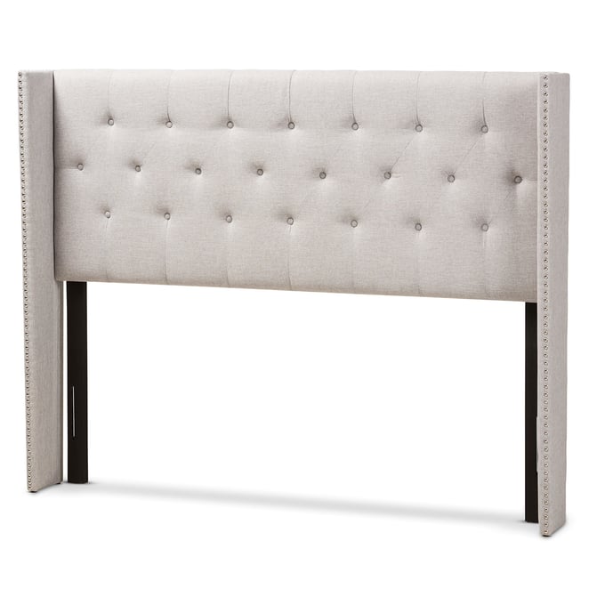 Baxton Studio Ally Greyish Beige Fabric Nailhead King Winged Headboard BAX-BBT6628-GY-BG-KHB