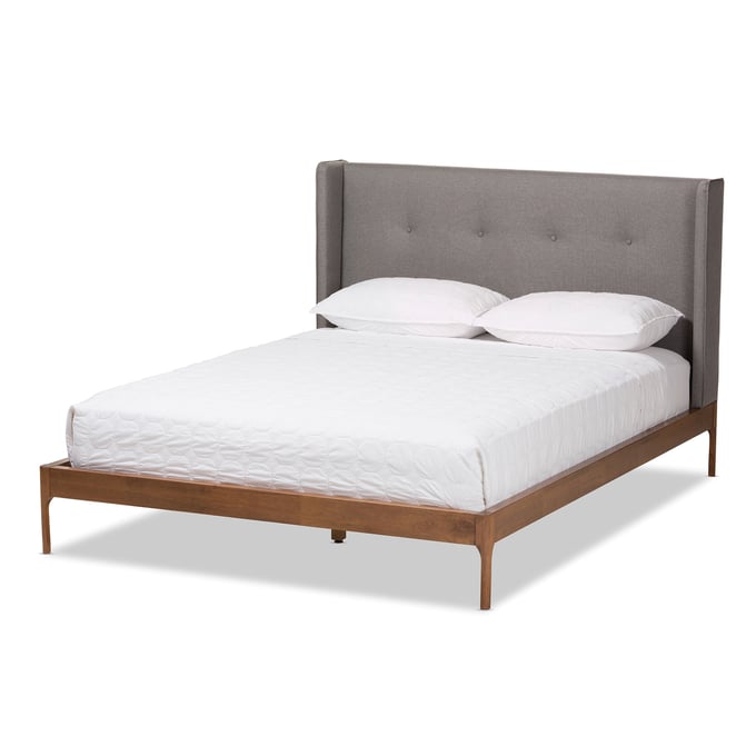 Baxton Studio Brooklyn Grey Fabric Walnut Wood King Platform Bed