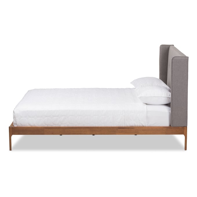 Baxton Studio Brooklyn Grey Fabric Walnut Wood Queen Platform Bed