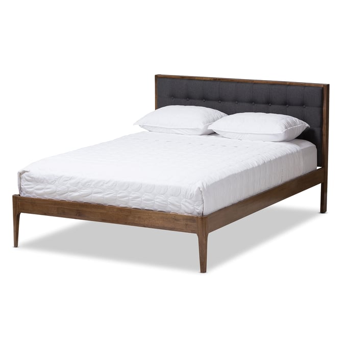 Baxton Studio Jupiter Grey Fabric Walnut Wood Button Tufted Queen Platform Bed BAX-SW8085-WALNUT-M17-QUEEN