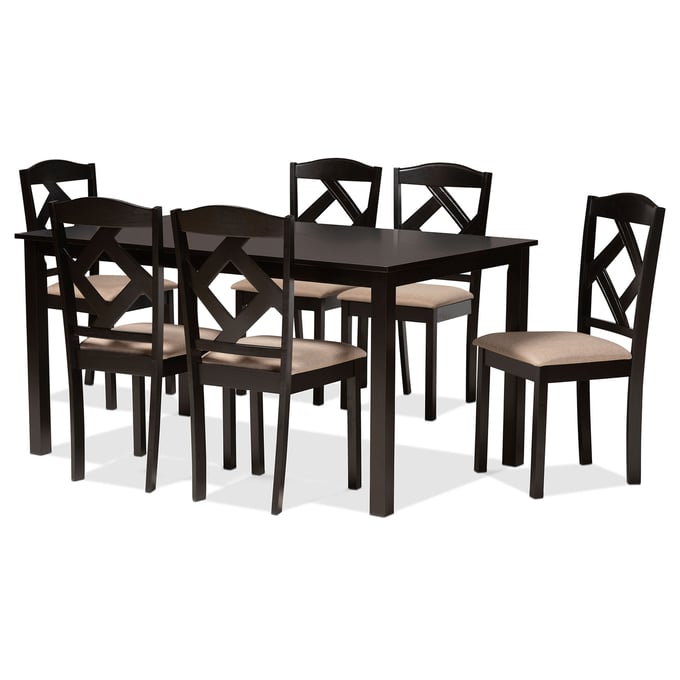 Baxton Studio Ruth Sand Fabric Dark Brown Wood 7pc Dining Set BAX-RUTH-SAND-DB-7PC-DIN-SET