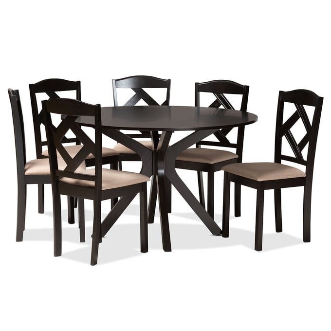 Baxton Studio Carlin Sand Fabric Dark Brown Wood 7pc Dining Set BAX-CARLIN-SAND-DB-7PC-DIN-SET