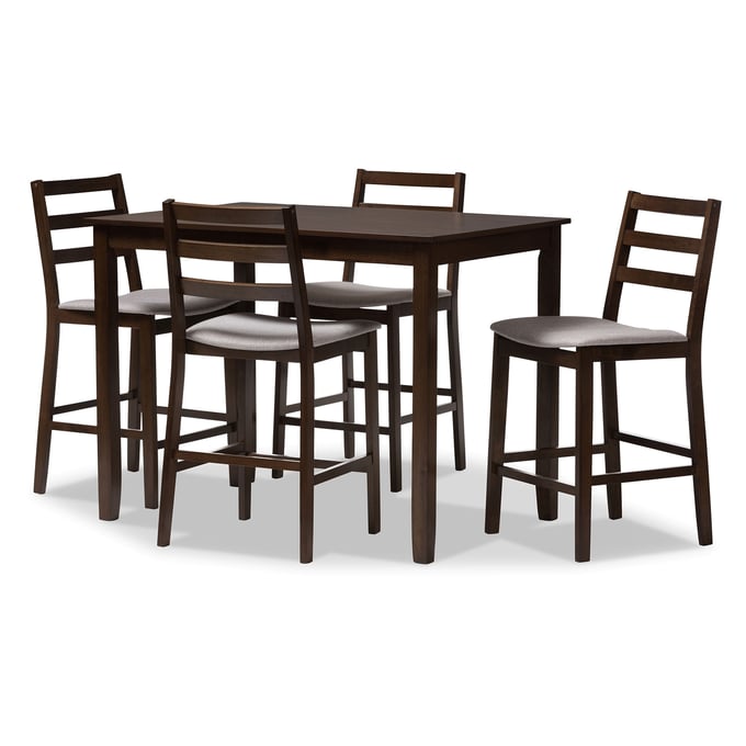 Baxton Studio Nadine Light Grey Fabric Walnut Brown Wood 5pc Pub Set BAX-52606-8049